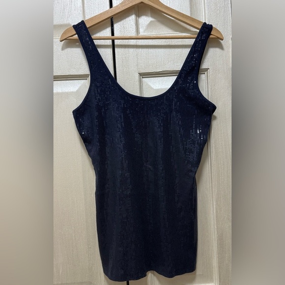 Express Women L Navy Blue Sequin Front Stretch Sleeveless Tank Top Blouse - Picture 1 of 9